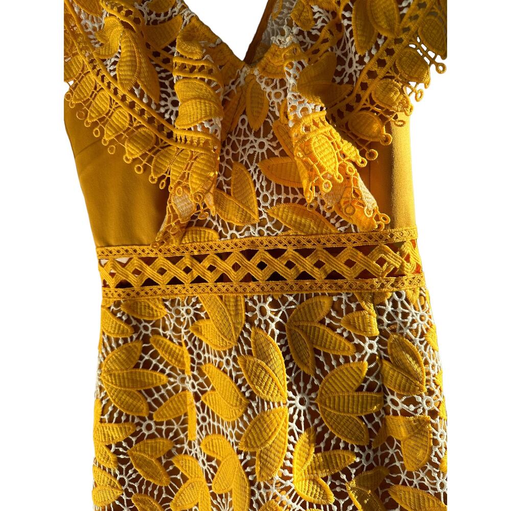 Aijek Yellow Marianna Eyelet Party Lace Embroidered Ruffle Mini Dress Size 2 - Picture 6 of 11